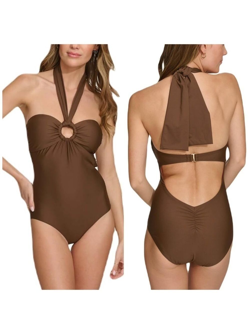 DKNY Halterneck O-Ring Tummy Control Scrunched Bum One-Piece Swimsuit